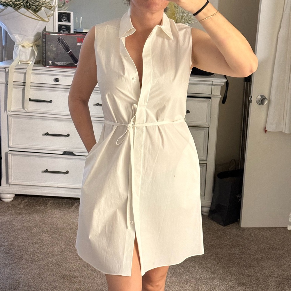 Theory Belted Shirt White Sleeveless Dress Sz M